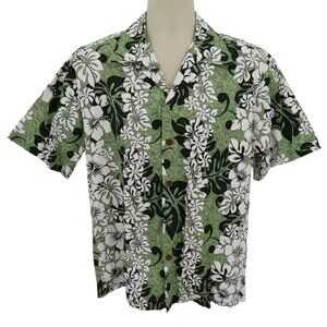 Howie Mens Medium Green Tropical Hibiscus Flower Button Shirt Collar Top Hawaii
